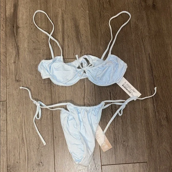 Tie-Front Light Blue Ribbed Bikini Set - Picture 3 of 8